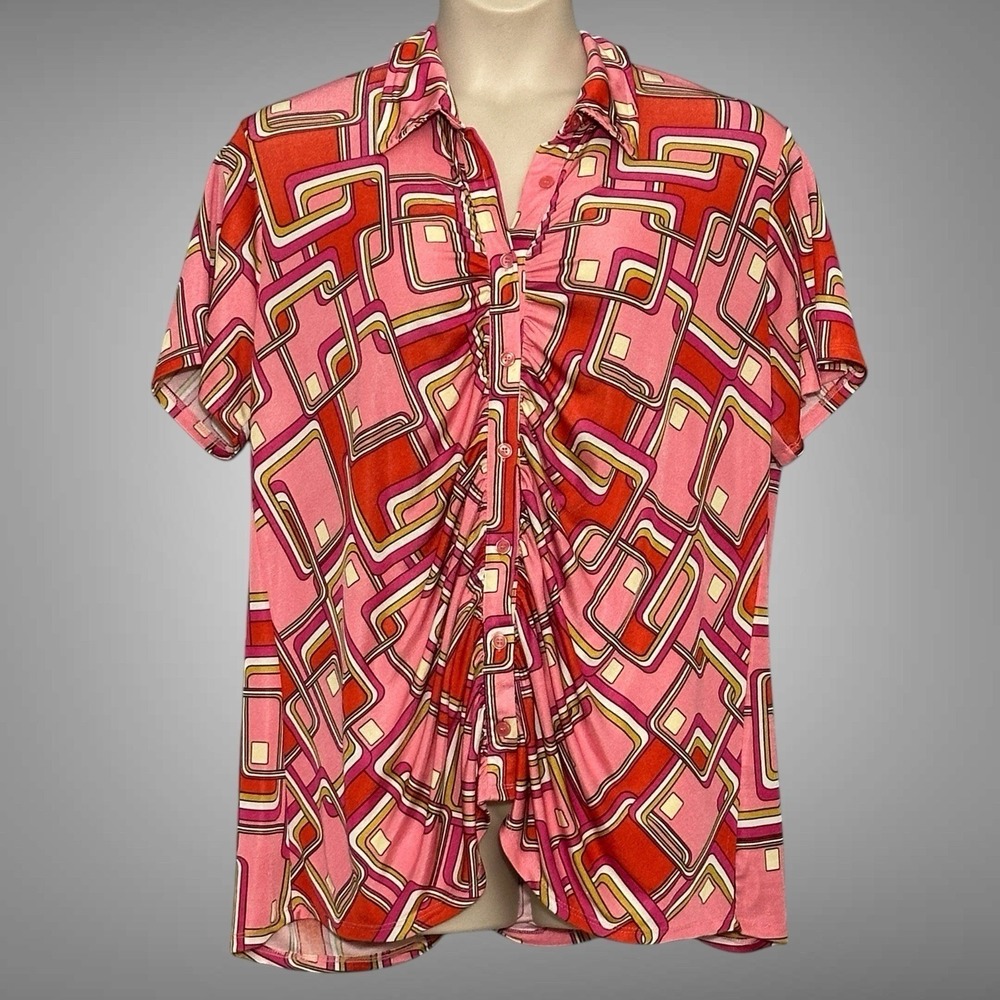 Cato Womens Top 18 Pink Colorful Geometric Jersey Ruched Retro 70s Mod Disco